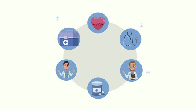 Medical icons and professional healthcare staff animation presenting cardiology stethoscope medicine and first aid services.