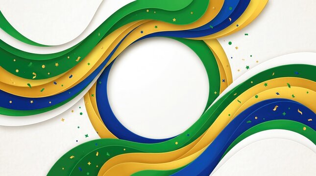 Abstract Green Yellow and Blue Wavy Lines Background with Circular Frame for Brazil Independence Day Banner