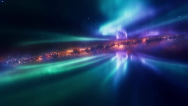 Cinematic space nebula with glowing aurora light rays and starry galactic background