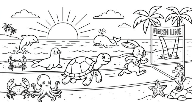 Turtle and Rabbit Race Coloring Page for Kids with Sea Animals at the Beach Finish Line