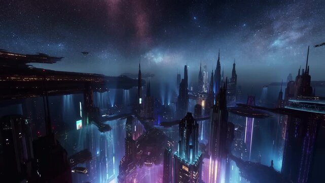 Futuristic sci-fi metropolis at night with neon lights and flying ships under a starry galaxy