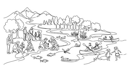 Fototapeta premium Diverse people enjoying nature, planting trees, fishing, canoeing, isolated, transparent background