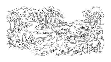 Fototapeta premium World Rivers Day Illustration: People Cleaning Riverbanks, Planting Trees, Wildlife