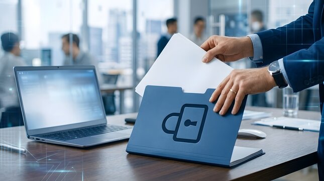 Professional securing confidential documents in a folder with a lock icon in a corporate office environment.