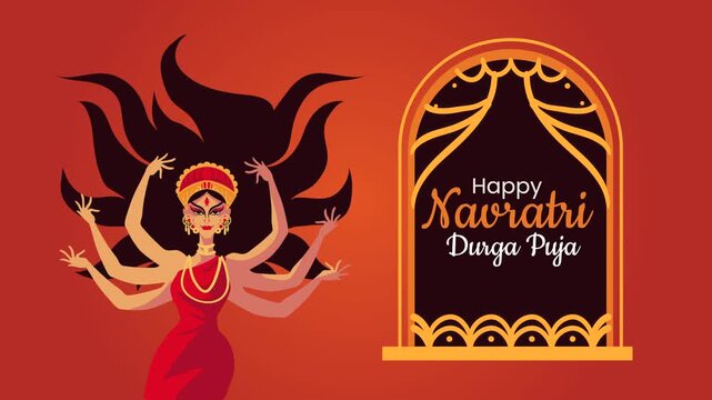 Animated Hindu goddess Durga with multiple arms dancing with fiery hair, celebrating Navratri festival.