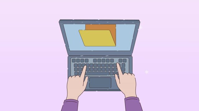 Cartoon animation of hands typing on laptop with digital file folders popping up from screen on purple background.