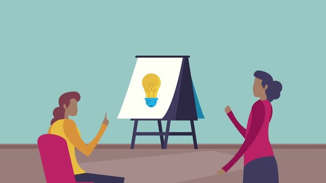 Two women discussing idea on whiteboard in meeting room footage with animated light bulb symbol.