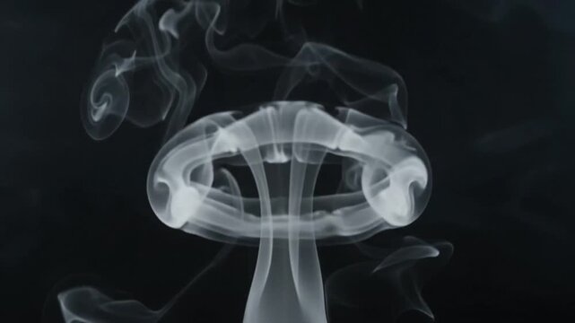 abstract white smoke ring rising black background slow motion puff cloud flow swirl