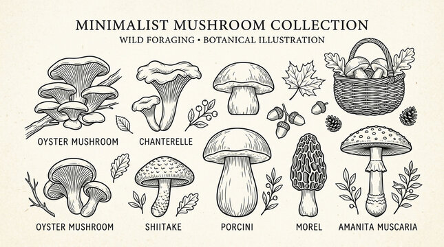 Minimalist hand drawn mushroom collection with botanical illustrations for wild foraging and nature design.