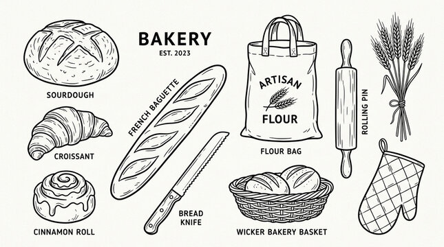 Hand drawn bakery elements collection with bread flour and baking tools.