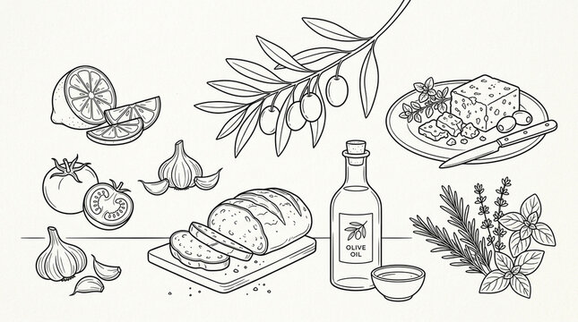Hand drawn illustration of Mediterranean food ingredients including bread olive oil cheese and herbs.