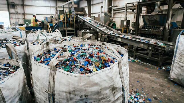 Industrial recycling facility sorting colorful plastic bottles for repurposing and reuse