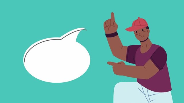 Young man wearing a baseball cap points and gestures with speech bubble graphic animation.