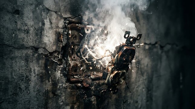 Dark fantasy creature emerging from cracked stone wall with eerie misty glow