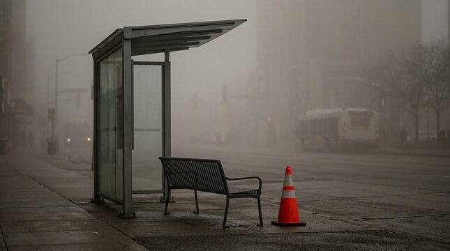 An empty bus stop with a bench and orange cone in foggy urban surroundings