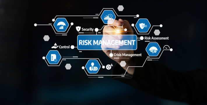 This image captures the essential elements of risk management, highlighting key concepts like security, crisis management, and risk assessment through modern icons and design. Tessel
