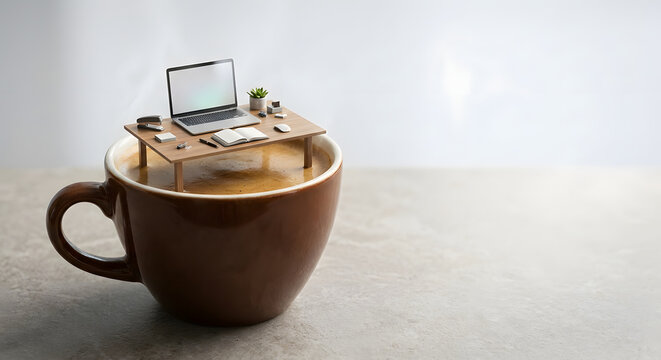 A Desk in a Coffee Cup: A miniature wooden desk with a laptop and office supplies is submerged in a rich, brown coffee, creating a surreal scene that blends work and a morning beverage.
