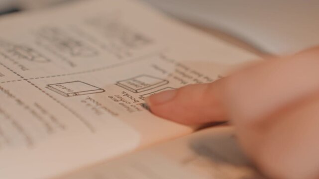 Close up of hand resting on open book with printed text. Scene focuses on interaction between human hands. Text details like This mine is deeper are visible emphasizing educational