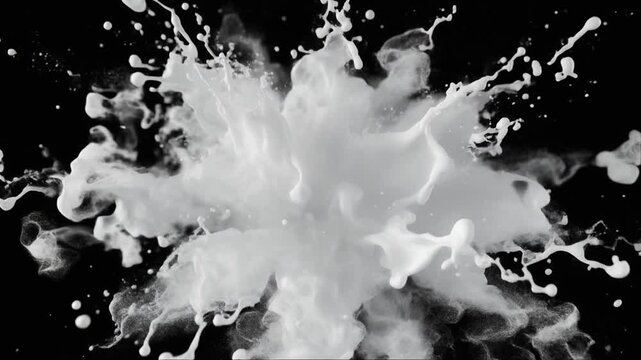 White liquid milk splashing and exploding in slow motion against a black background