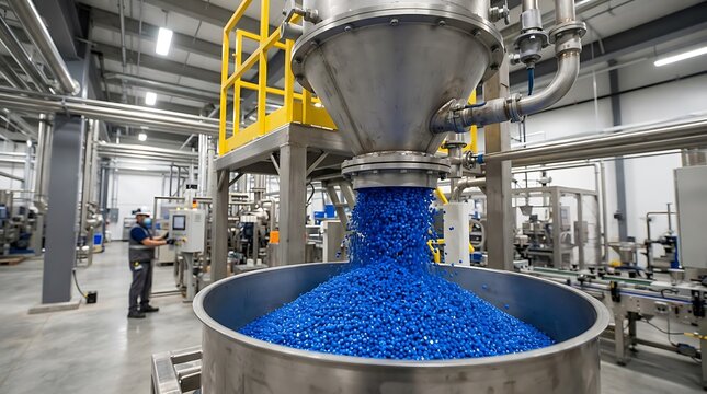 Industrial facility pouring blue spherical objects into large container for manufacturing process.