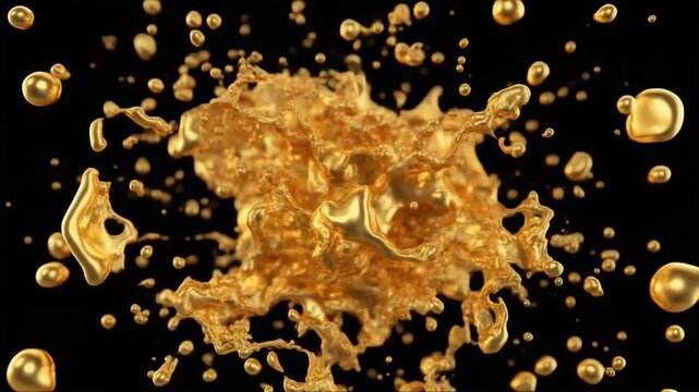Stunning golden liquid splash and droplet explosion on black background