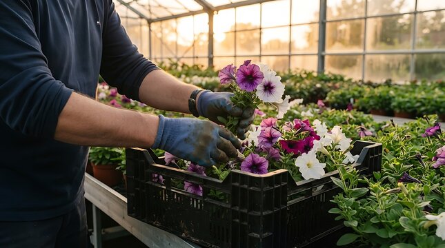 Professional gardener arranging vibrant potted flowers in greenhouse nursery.