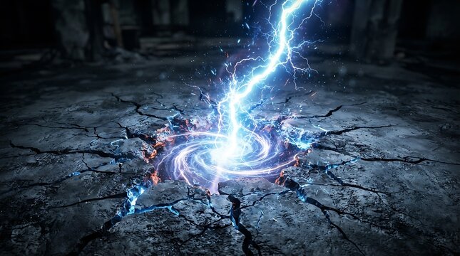 Electric spark explosion on dark cracked surface with intense blue glow effect