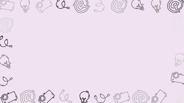 Seamless Border Frame Pattern Animation with Copy Space featuring Doodle Icons on Light Purple Background