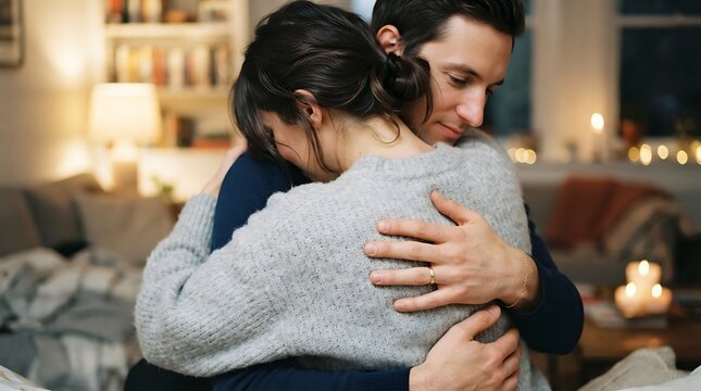 Couple embracing warmly in cozy living room with soft candlelit glow