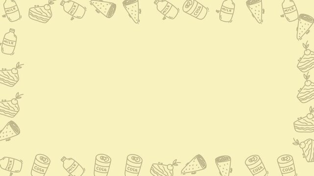 Seamless Food Border Frame Pattern Animation with Copy Space featuring Doodle Drinks and Desserts on Light Yellow Background