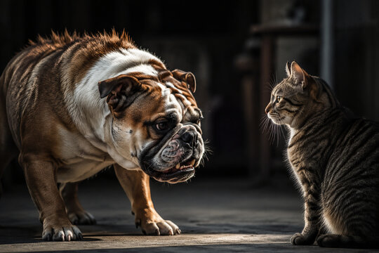 A bulldog and a cat locked in a tense stare, with raised hackles and bared teeth.