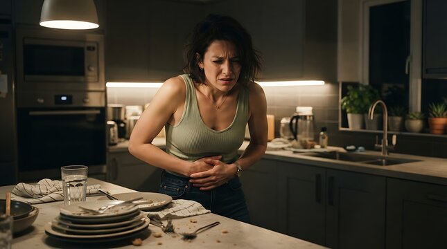 Woman deep in thought while holding stomach in modern kitchen setting