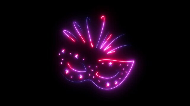 Neon carnival mask with glowing feathers isolated on black background for festive party celebration motion