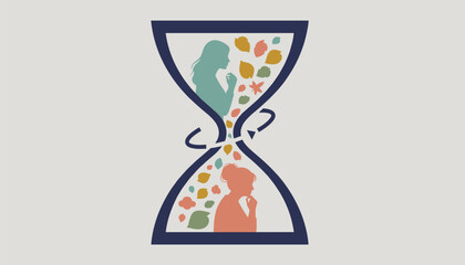 Fototapeta premium Conceptual art of a woman aging over time shown inside an hourglass with falling autumn leaves of life.
