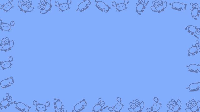 Charming Seamless Border Frame Pattern Animation with Copy Space featuring Cute Animal Doodles on Blue Background