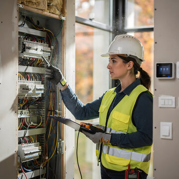 Female electrician working on electrical panel with tools and equipment.