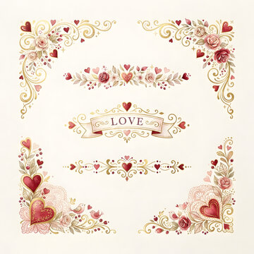 Watercolor Valentine heart corner frames and floral dividers with love text banner