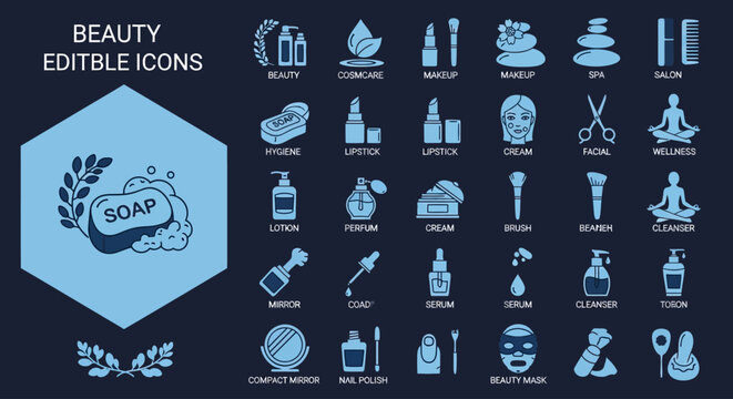 Comprehensive Set of Beauty and Skincare Related Vector Icon Elements for Professional Salon Design Projects and Personal Aesthetic Wellness Branding