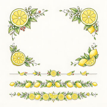 Watercolor lemon corner frames and decorative borders set for summer menu design