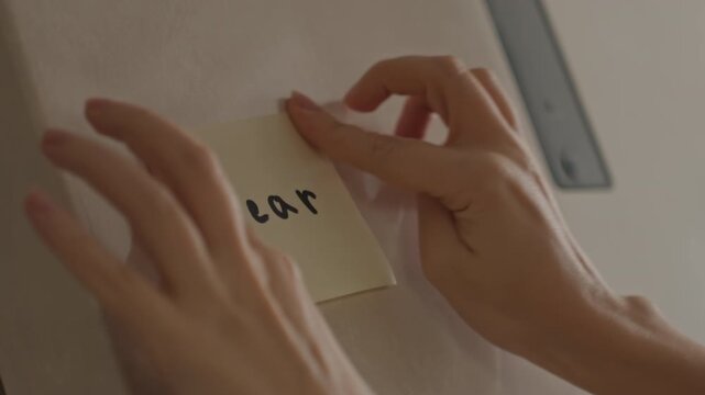 Close up of hands placing sticky note on smooth surface. Sticky note reveals handwritten word fear. Indoor setting with plain background and soft lighting featuring hands