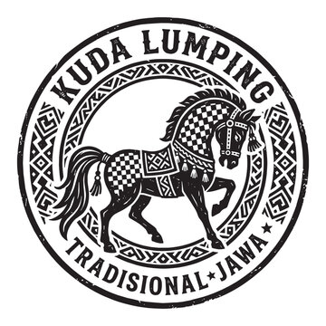 Vintage Distressed Emblem of Kuda Lumping, Traditional Javanese Horse Heritage and Retro Indonesian Folk Art