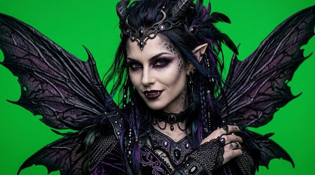 Stunning Dark Fantasy Fairy with Horns and Wings Isolated on Chroma Key Green Screen
