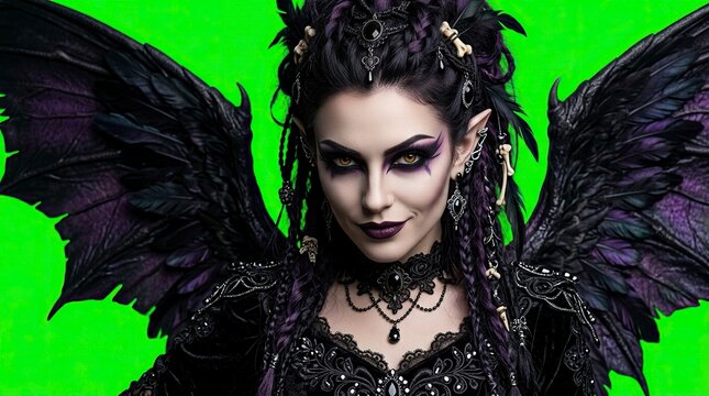 Stunning Dark Fantasy Demoness with Large Wings and Gothic Jewelry Isolated on Green Screen Background
