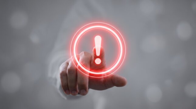 Close-up of a human hand pressing a glowing red exclamation mark button on a futuristic digital interface, representing a critical warning, system error, emergency alert