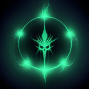Necromantic Green Glowing Skull Sigil within a Circular Border Symbolizing Transformation and the Legacy of Ancient Knowledge for Dark Fantasy and Esoteric Media Content