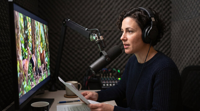 Professional female voiceover artist recording narration in soundproof booth