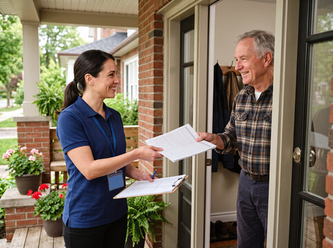 Female census worker handing survey form to smiling senior man at front door