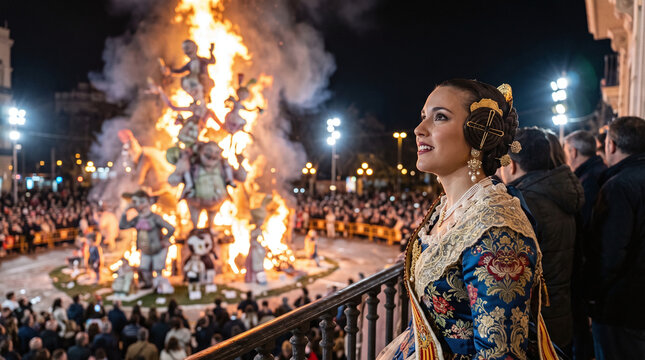 Fallera watching the burning ninot monument at Las Fallas festival in Valencia