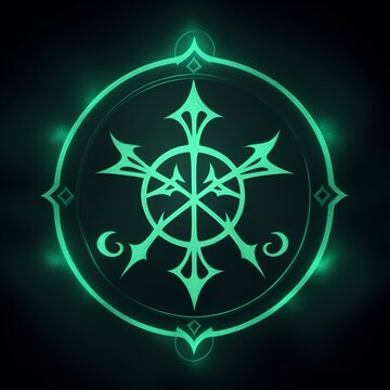Elaborate green glowing magical sigil with intricate patterns and arrow motifs representing empowerment and balance through a creative and authentic legacy for mystical and occult designs.