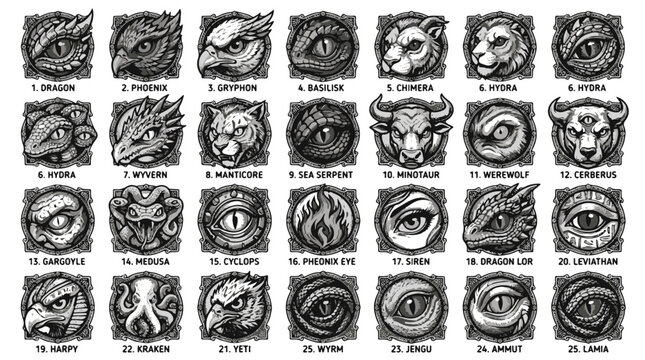 Mythical Creatures Collection with Detailed Grayscale Icons for Fantasy Gaming and Logo Designs